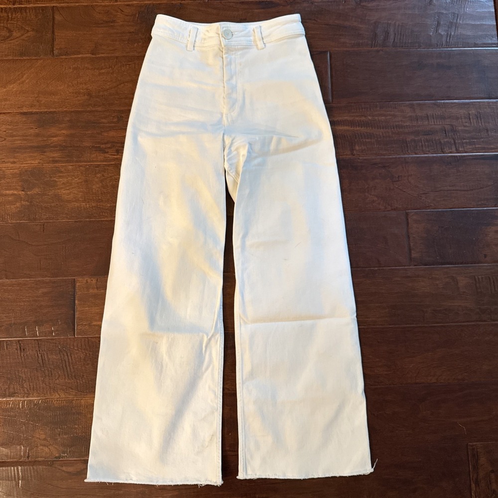 Zara Jeans The Marine Straight High Rise Wide Leg Pants Raw Hem Size 6 White EUC